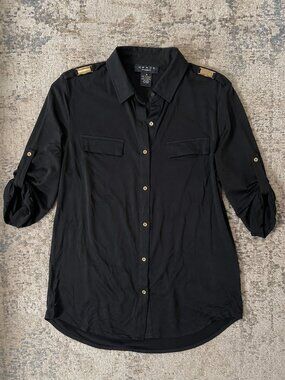 Grace Black Satin Button Down Top Size S NWT Classic Collared Blouse